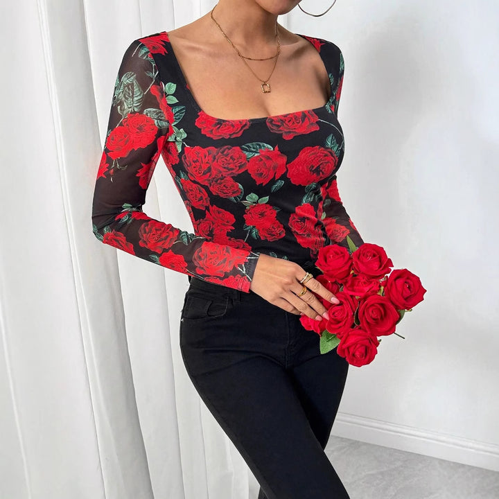 Dame nan figurnær Stretchshirt med kvadratiskudskæring, fin meshstruktur og stort rosenprint Skovae