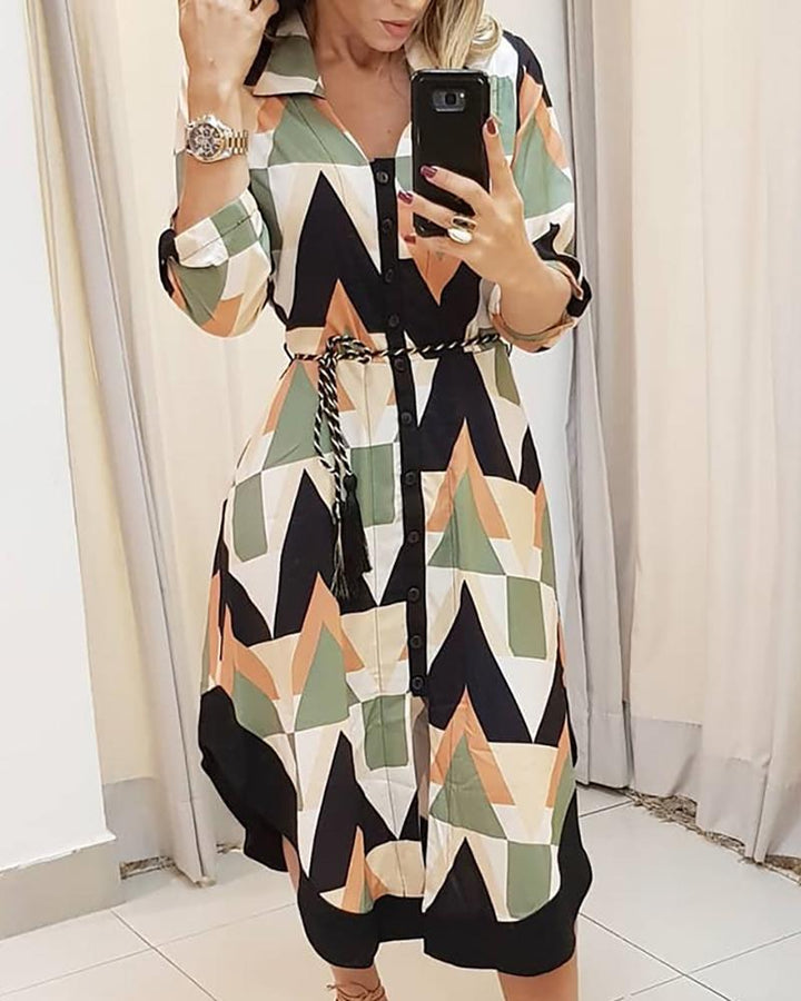 Dame Stribet Button-Up Midi Kjole med Bælte-Detalje Stilla