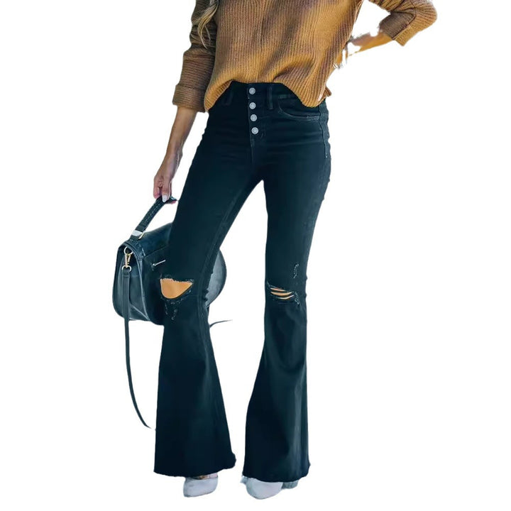 Dame flared jeans med destroyed detaljer og høj talje stil