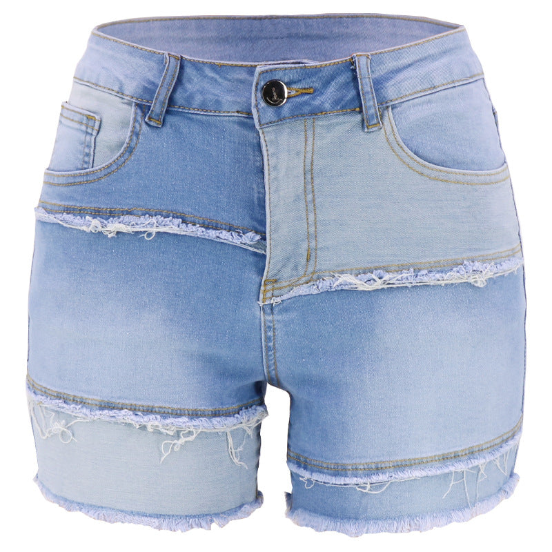 Dame Jeans-Shorts i kreativ patchwork-design med frynset kanter Stilla