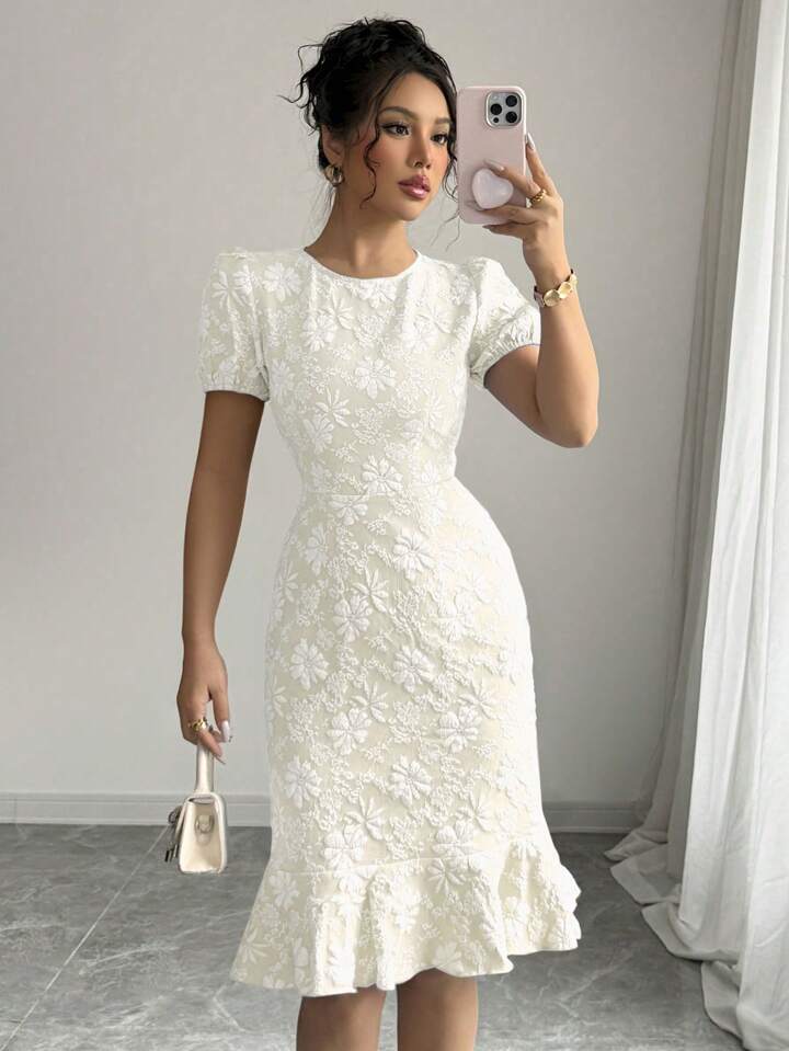 Dame Puffærmet Blomster Bodycon Kjole Stilla