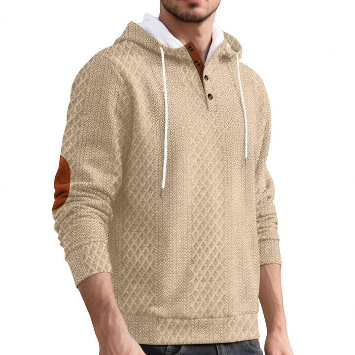 Herren nan Diamond-struktur hættepullover med kort knapliste, quiltet hætte inderside og ruskinds albuepatch Skovae