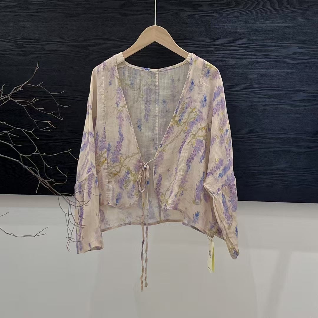 Femme Åben Front Blomster Mønster Kimono Jakke Stilla