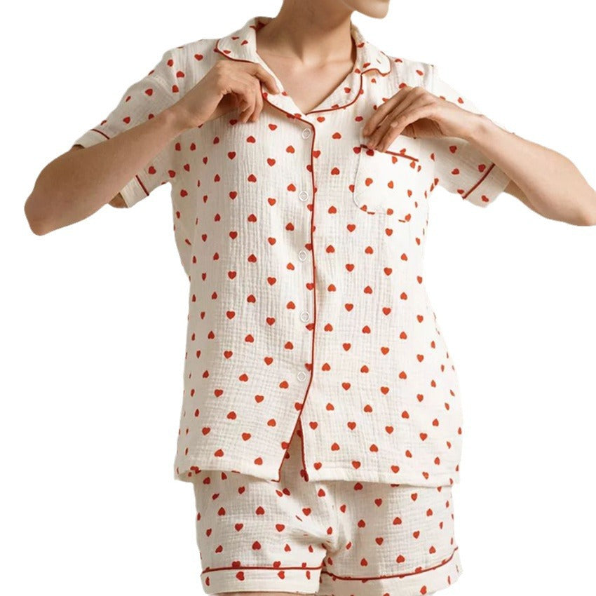 Dame pyjamasæt med hjerteprint og knapbar overdel Stilla