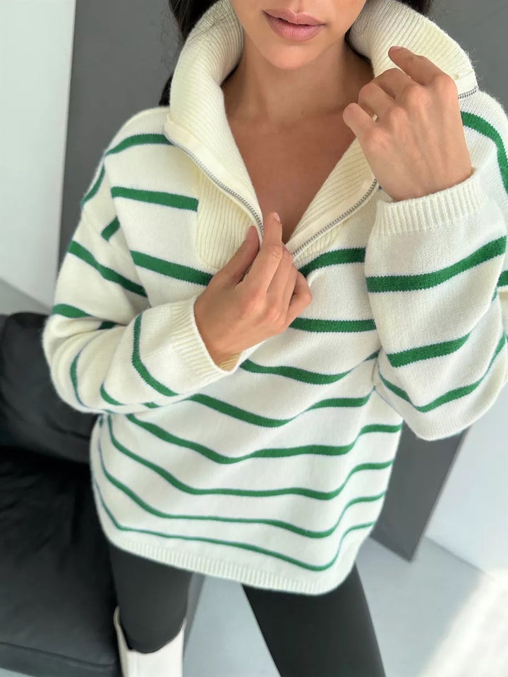 Femme Stribet Fjerde-Zipper Strikkegenser Stilla
