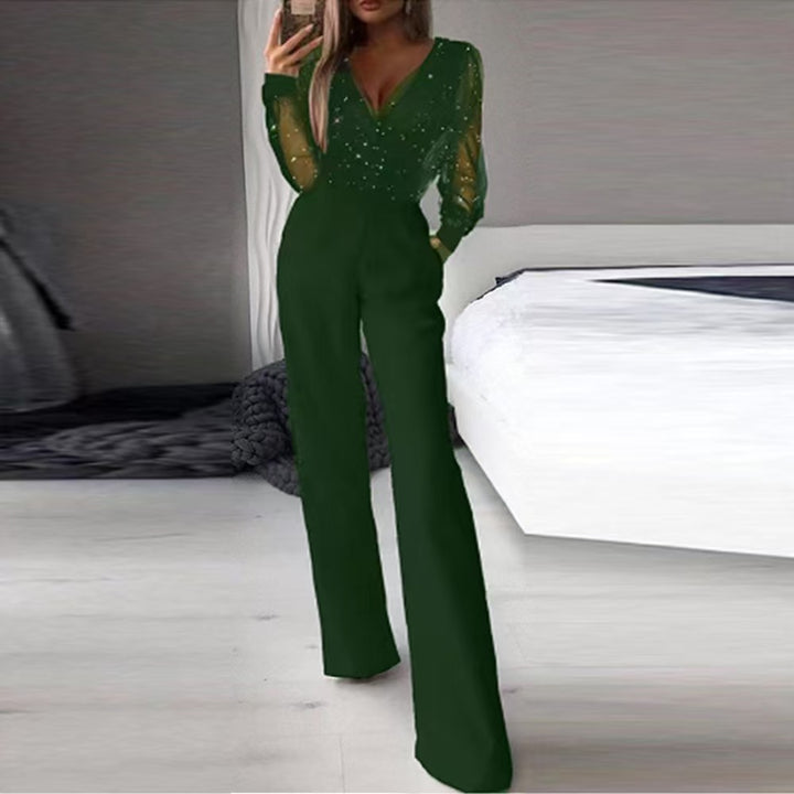 Damer Elegant Jumpsuit med gennemsigtige ærmer og glitrende detaljer Skovae