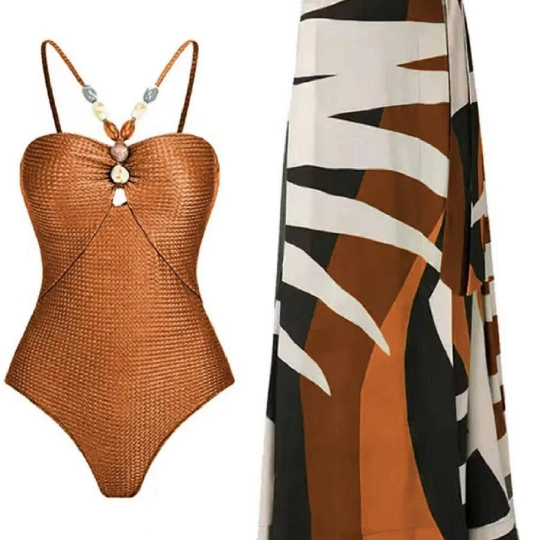 Dame Strappy Lace-Up Enkelt Badeanstyr med matchende Cover-Up Wrap-Top Stilla