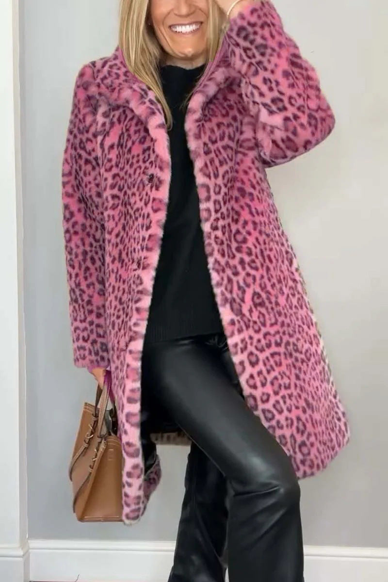 Stilla | Frakke Faux Fur Plus Size Pasform Dyreprint Åben Front Reverskrave