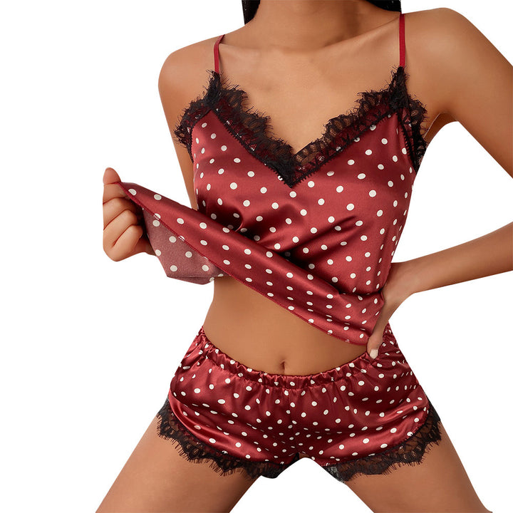 Dame Satin Pyjamas Sæt med romantiske hjerte-motiver og forførende blonde-detaljer Stilla