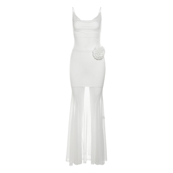 Dame elegant maxikjole med raffineret chiffonbund og blomsterapplikation Stilla