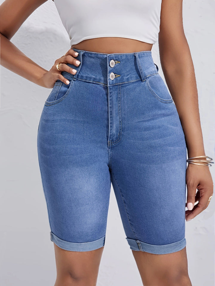 Dame High-Waist Denim-Shorts med vintage-effekter og knaplukning Stilla