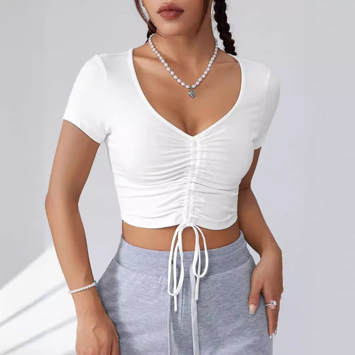 Dame Cropped Top med raffinerede flæse-detaljer og snøre Skovae