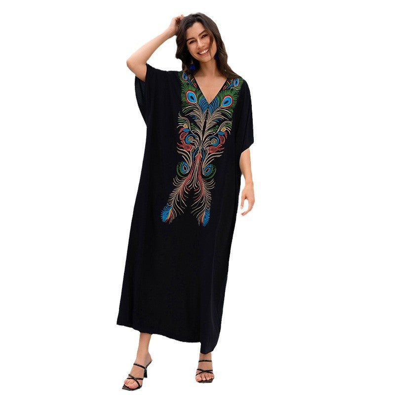 Dame Kaftan med kunstnerisk påfuglemotiv og V-hals Stilla