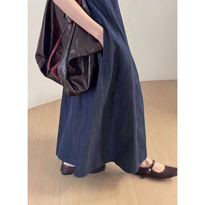 Dame Denim Maxikjole med elegant V-hals og flydende snit Stilla
