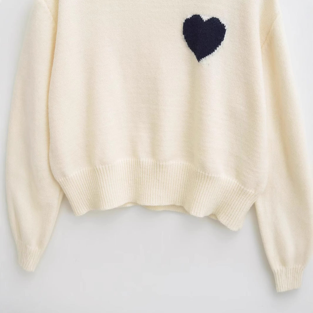 Dame strikpullover med hjerte-applikation Stilla