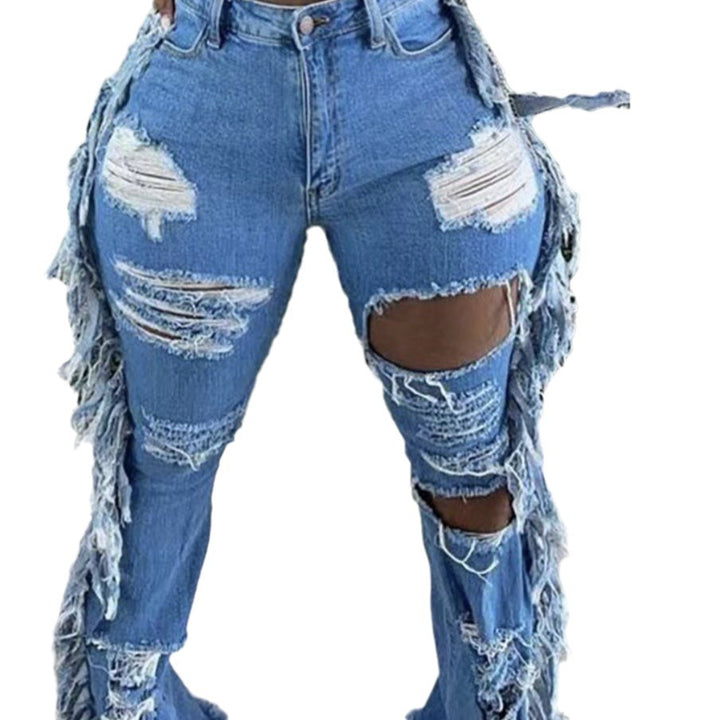Dame slidte løstsiddende denim jeans med frynse-detaljer Stilla