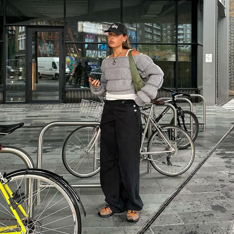 Dame Off-Shoulder Strikpullover med Puffærmer og Ribstruktur Stilla