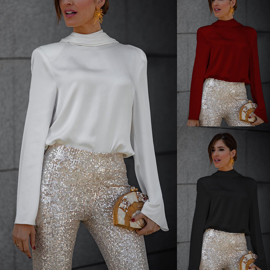 Dame Elegant Bluse med høj krave og brede ærmer Stiila