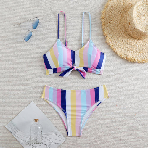 Dame bandeau-bikini med justerbare stropper og knude-detalje Skovae