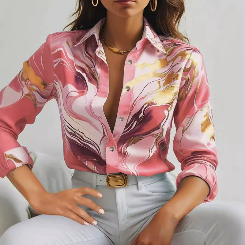 Damer Elegant Satinbluse med maritimt mønster Stilla