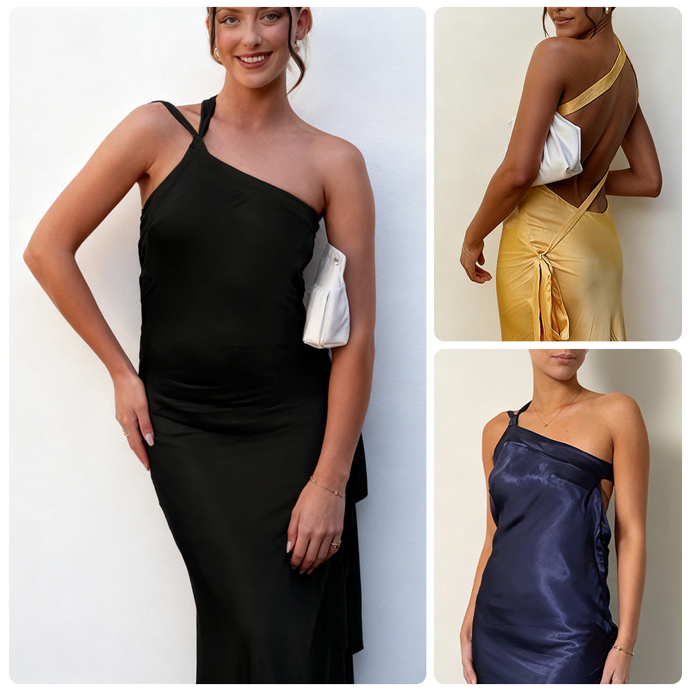 Dames elegant maxi kjole med asymmetrisk halter design og skinnende satin Skovae