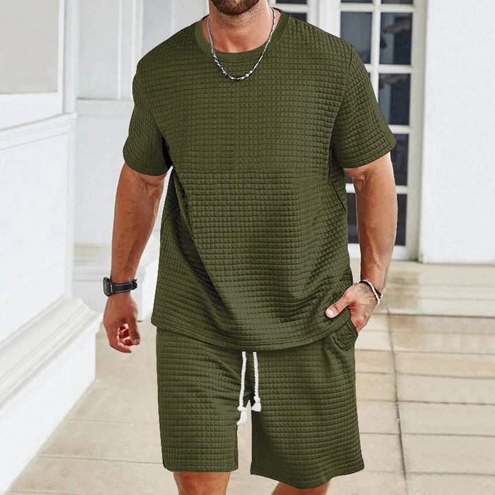 Herren nan vaffelstruktur bolig- og fritids-sæt med løst skåret kortærmet skjorte og kort shorts med elastisk talje Skovae