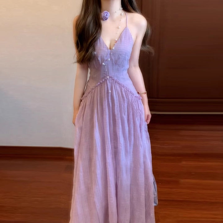 Dame Halter-Neck Maxi-Kjole med Knapdekorationer Stilla