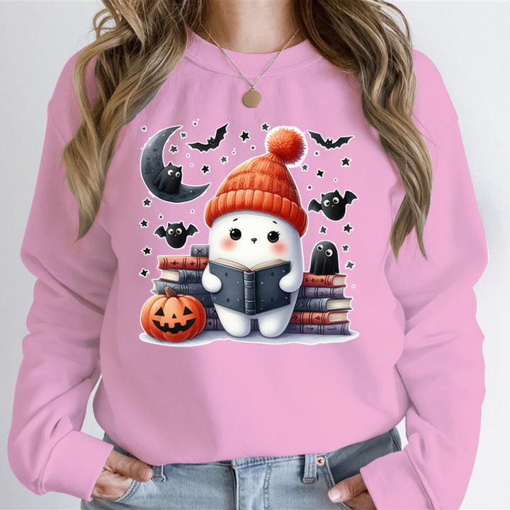 Kvinders sweatshirt med sødt Halloween-motiv og bogdesign Stilla