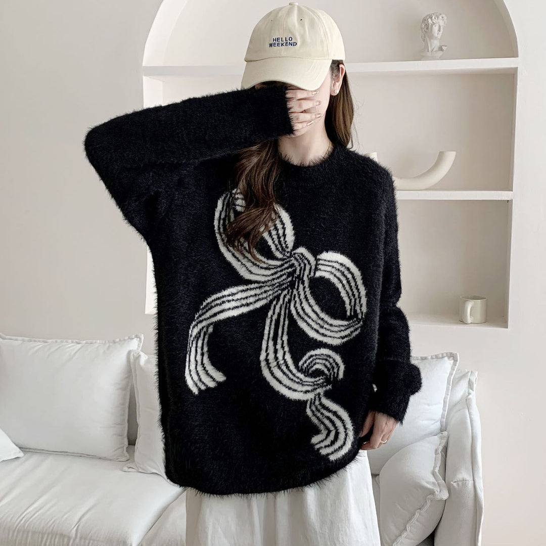 Kvindernes hyggelige sweater med dekorativ sløjfe mønster