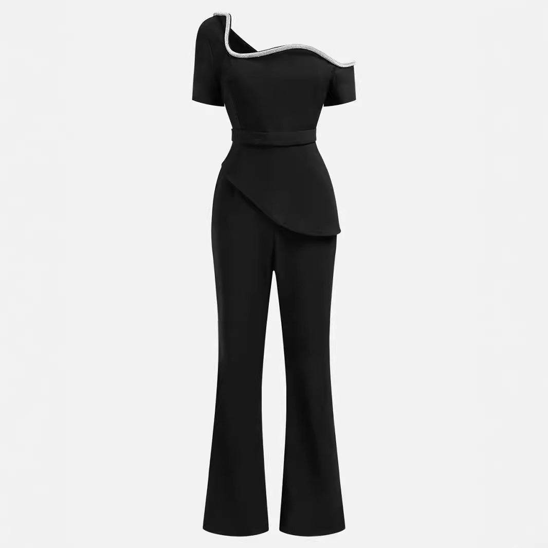 Dame off-shoulder top med raffineret flæse og elegant bukse-sæt Stilla