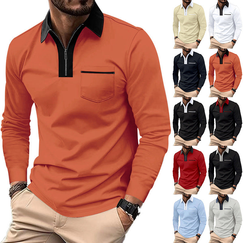 Herrer nan elegant Langærmet poloshirt med markeret ståkrave metal kort lynlås og brystlomme Skovae