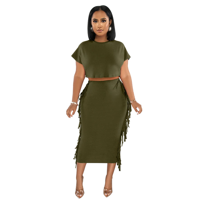 Dame elegant kombination af cropped top og tætsiddende nederdel med frynser Stilla