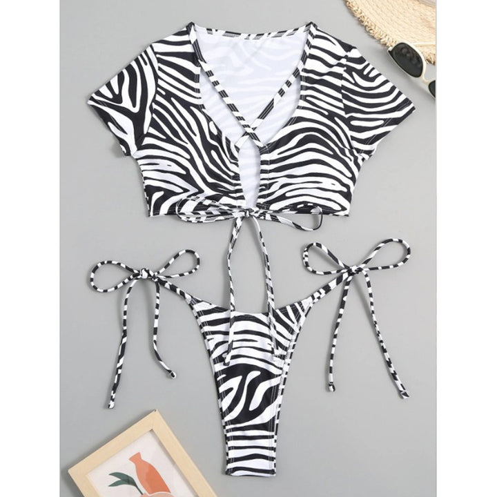 Dame bikini sæt med stilfulde snøre detaljer og spændende zebra mønster Skovae