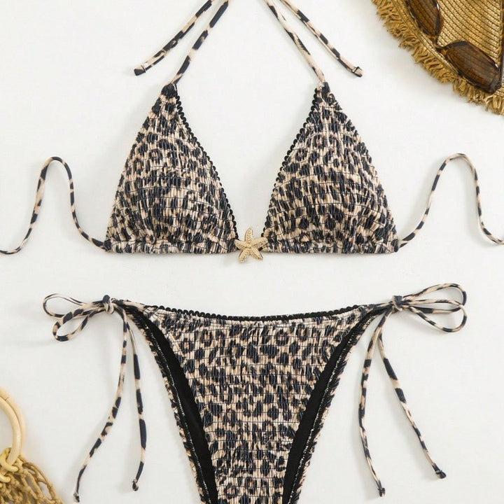 Dame triangel-bikini med moderne leopardmønster og sidelæns bindebånd Skovae