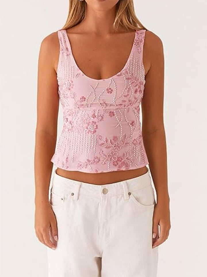 Dame couture top med floral rhinestone design og tætsiddende snit