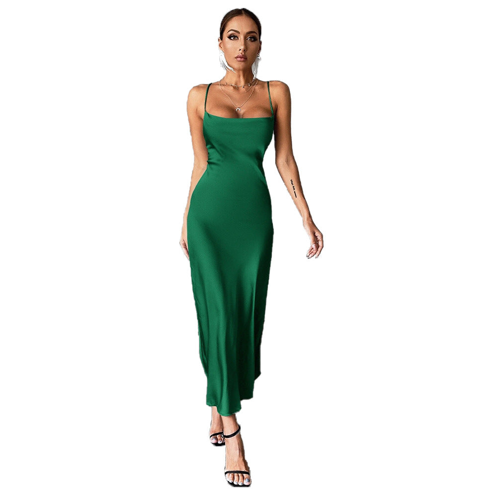 Damer elegant satin maxi kjole med spaghetti stropper og flydende snit Stilla