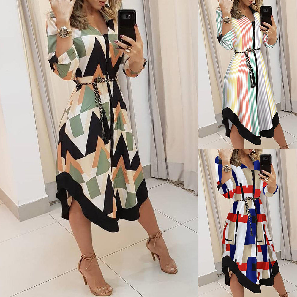 Dame Stribet Button-Up Midi Kjole med Bælte-Detalje Stilla