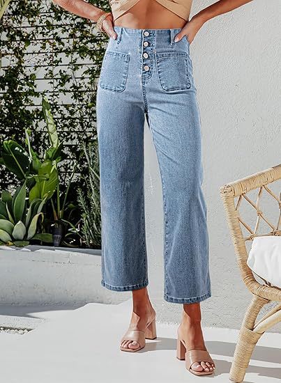 Dame Højskårne Denim-Bukser med Knaplukning og Bred Ben Stilla