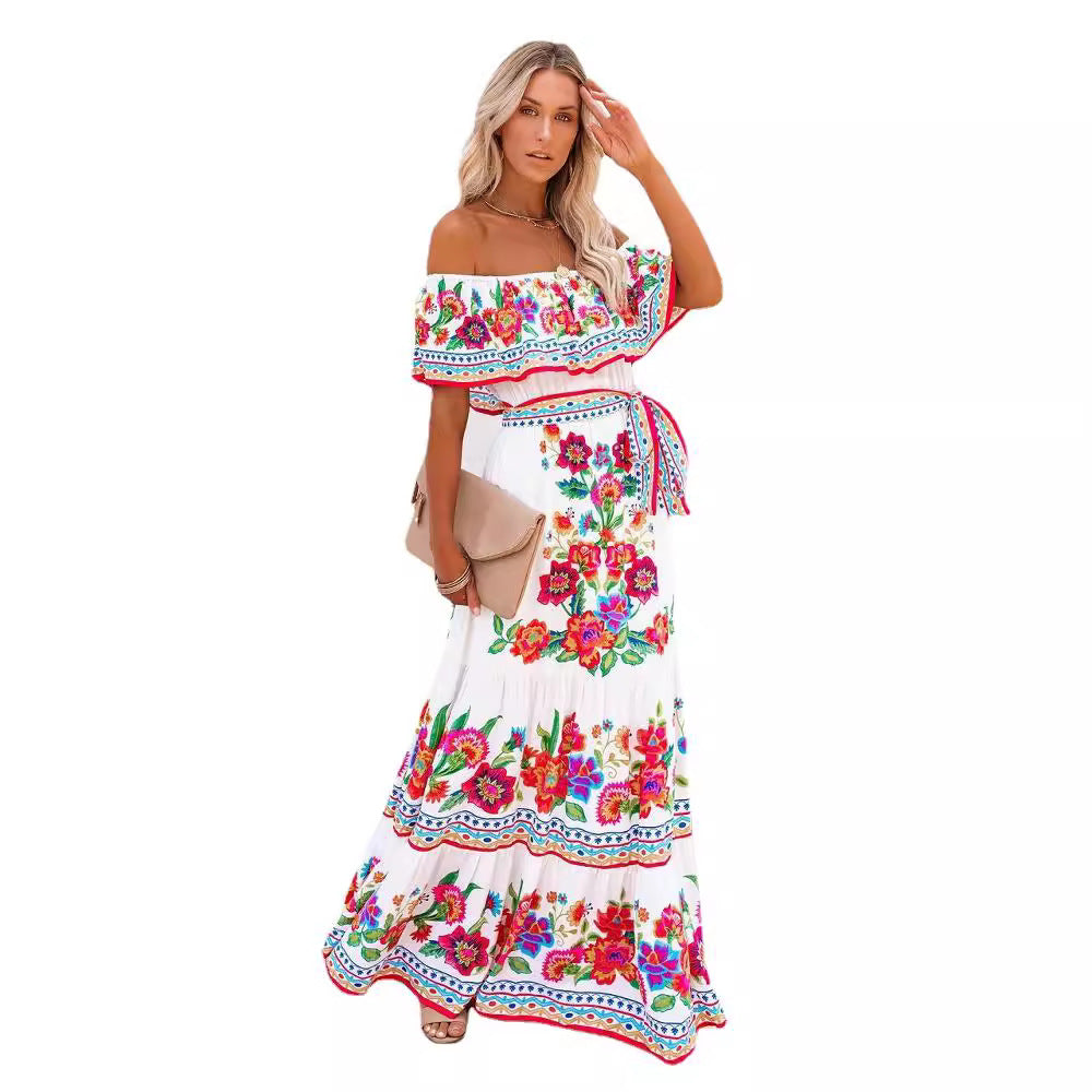 Dame Off-Shoulder Maxikjole med blomster mønstre og elastisk taljebælte Stilla
