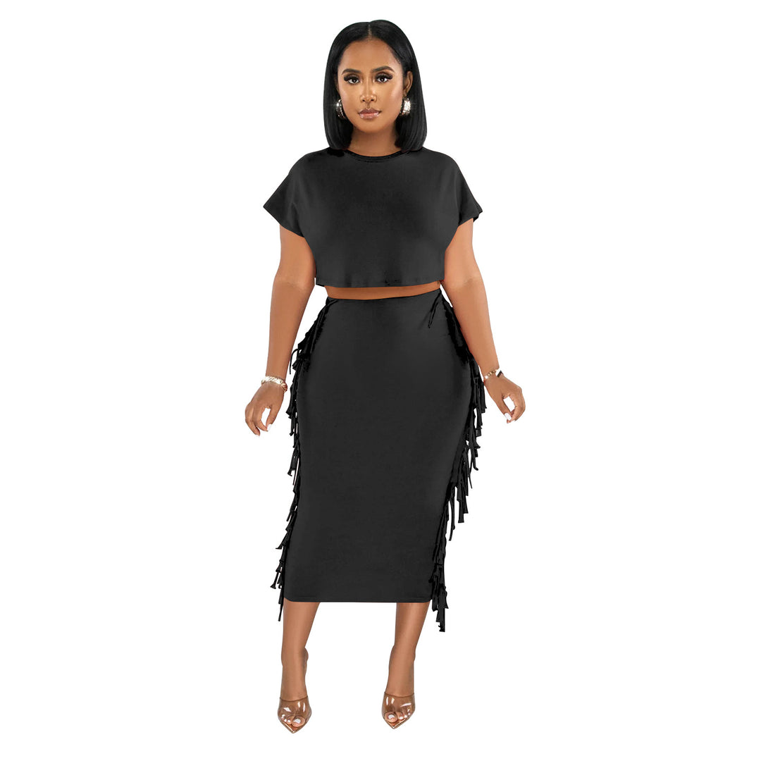 Dame elegant kombination af cropped top og tætsiddende nederdel med frynser Stilla