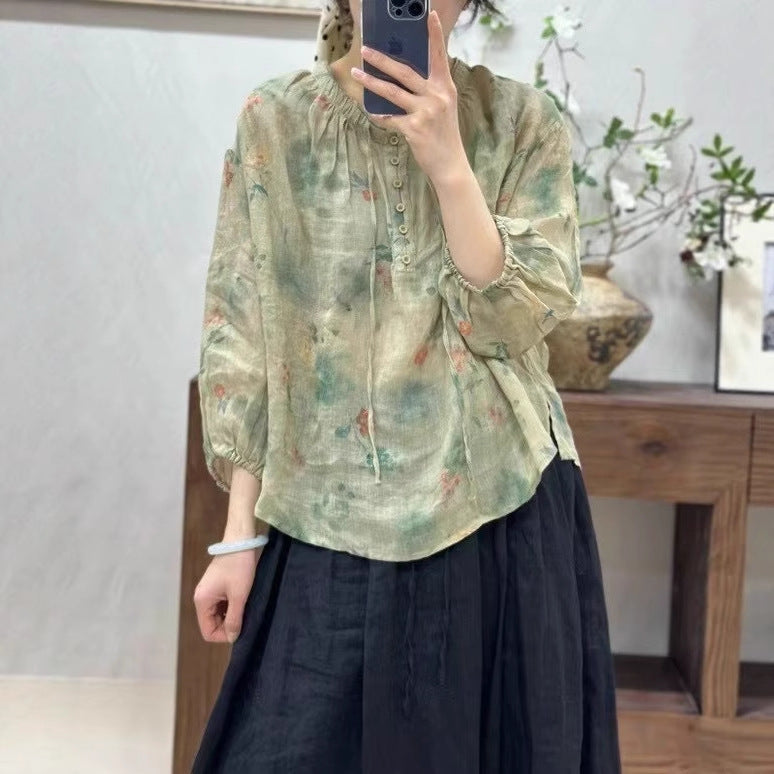 Femme Floral Print Let Knap-Bluse Stilla