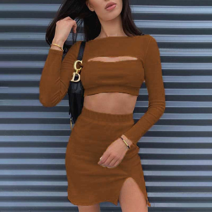 Dame To-delt Sæt med skulderfrit Crop-Top og Bodycon Nederdel med Slids Stilla