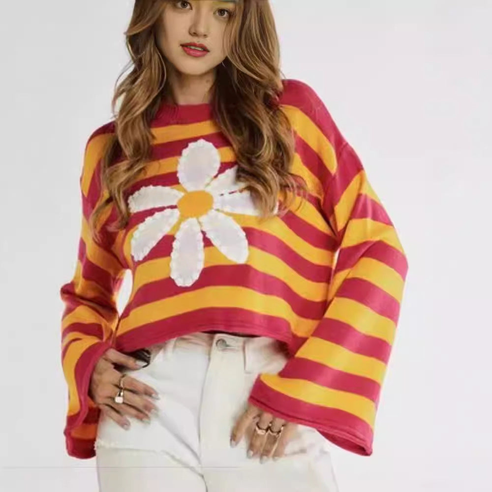 Dame Modish Crop-Sweater med fluffy blomsterdesign og stribet design Stilla