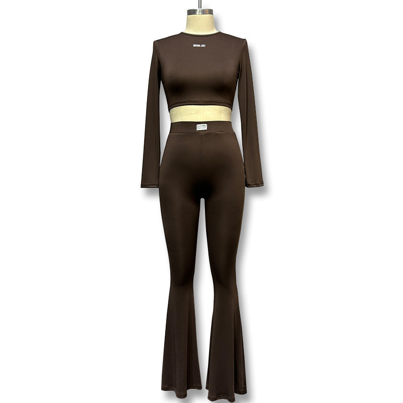Dame Langærmet Cropped Top og Flared Bukser Sæt Skovae