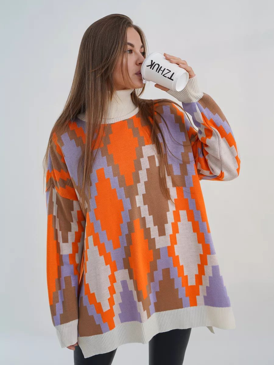 Dame Oversized Strikpullover med grafisk Jacquard-mønster og afslappet snit Stilla