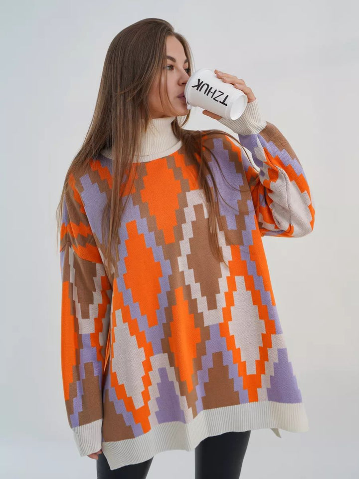 Dame Oversized Strikpullover med grafisk Jacquard-mønster og afslappet snit Stilla