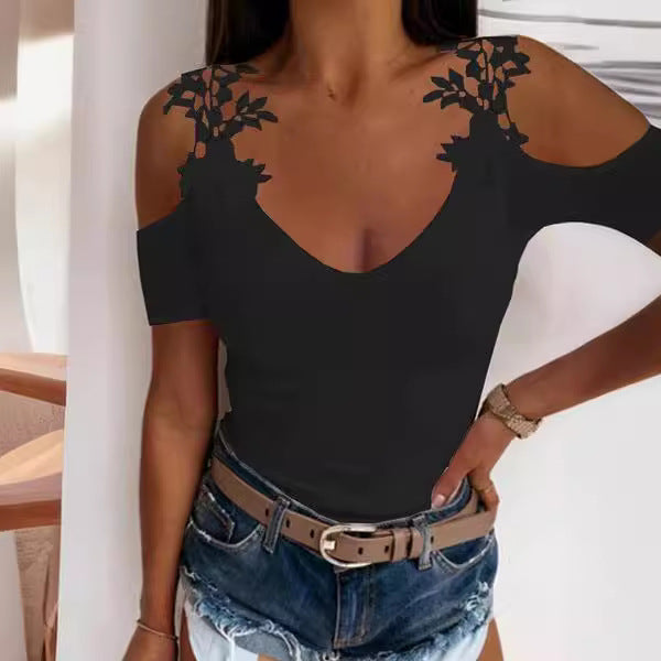 Dame Cold Shoulder Blomster Dekoreret V-Udskæring Top Stilla