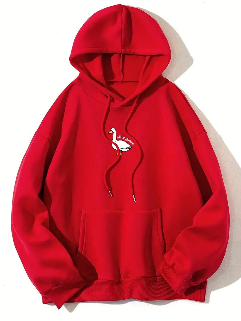 Dame hoodie med kreativ gåsemotiv og blødt fleece indeni Stilla