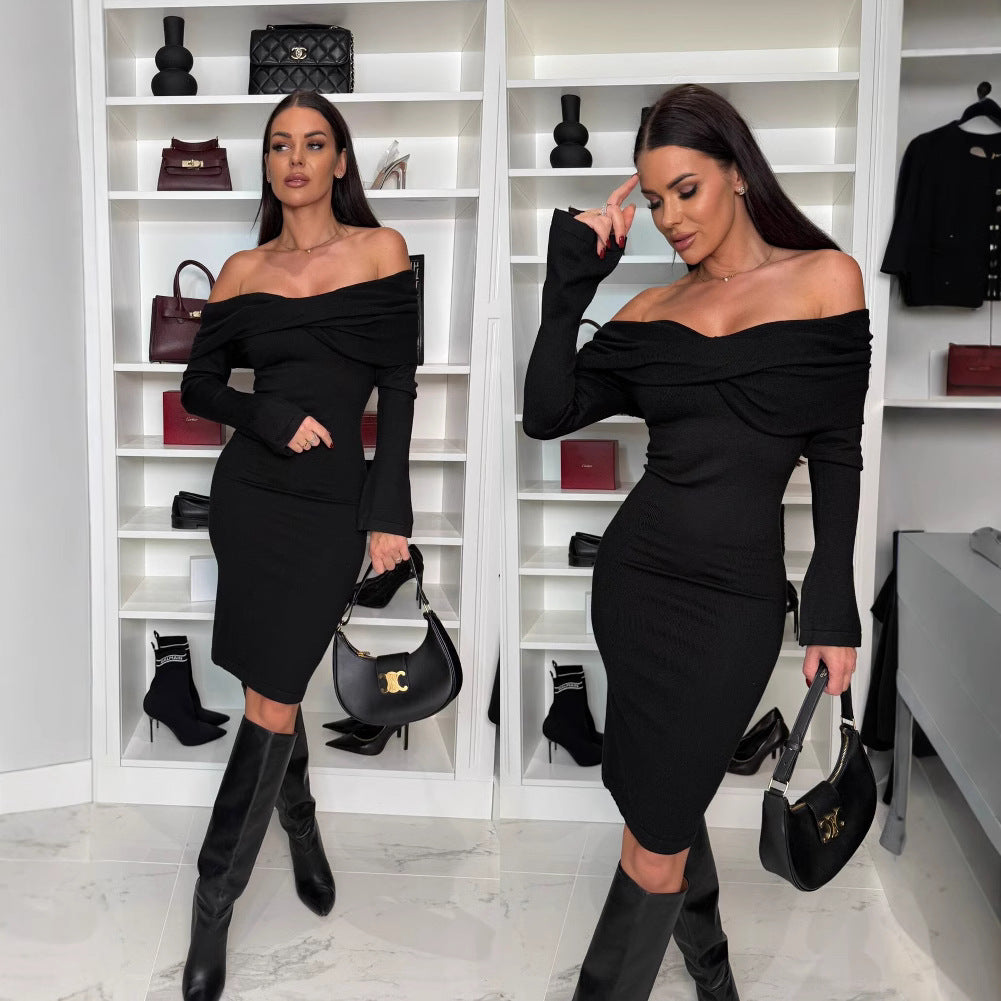 Dame Figurformet aftenkjole med off-shoulder design og lange ærmer Stilla