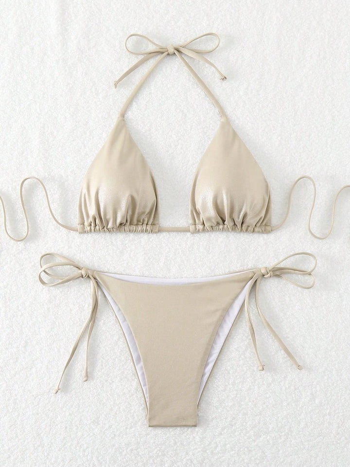 Dame Triangel-Bikini med glinsende overflade og justerbare snore Stilla